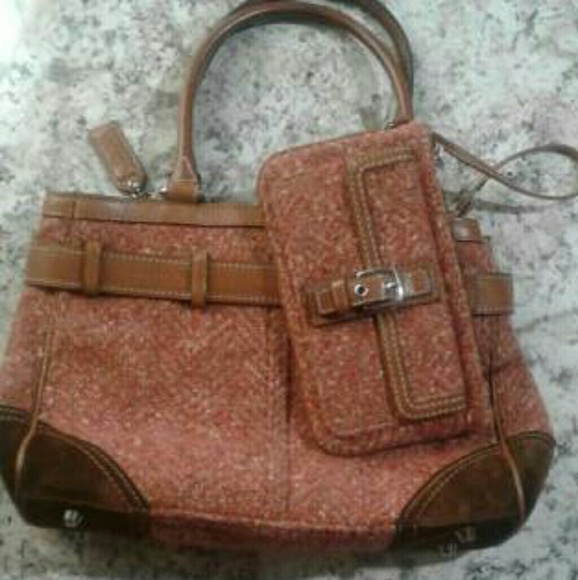 Coach wool tweed bag & wristlet rosy orange - Picture 1 of 5
